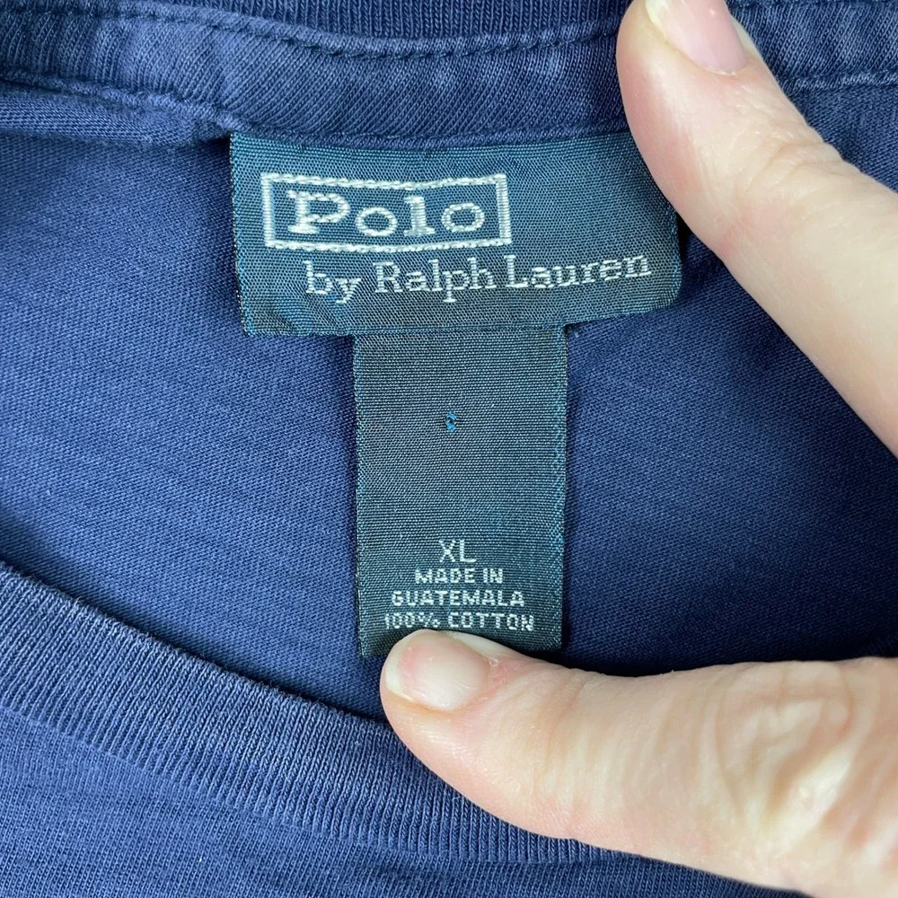 VTG Polo Ralph Lauren T Shirt Men XL Navy Blue Athletic Goods Tennis Racket 90s